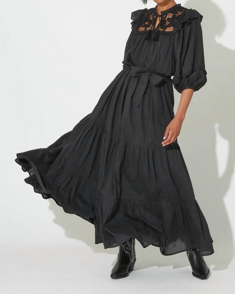 Front of a model wearing a size LARGE Ravenna Ankle Dress In Black in Black by Cleobella. | dia_product_style_image_id:342189